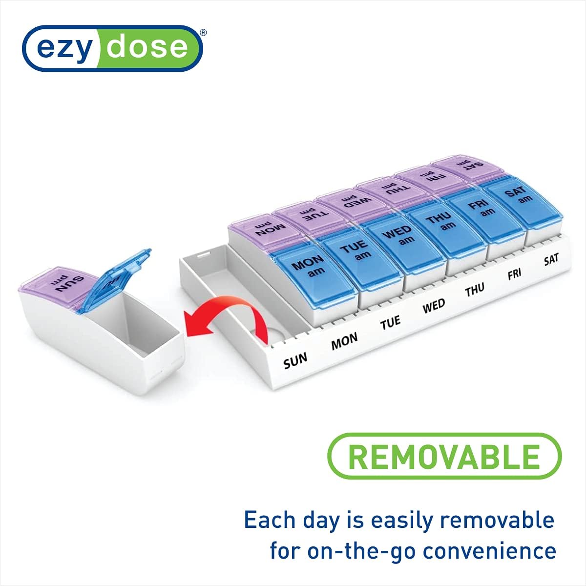 Ezy Dose Weekly (7-Day) AM/PM Pill Organizer, Vitamin and Medicine Box, Small Pop-out Compartments, 2 Times a Day, Blue and Purple Lids - 24hrsmart